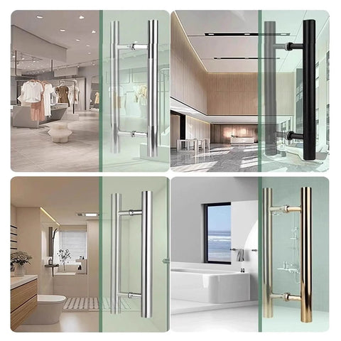 Stainless Steel Shower Door Handle And Push Pull Rail For Home And Commercial Use installed in modern bathroom and wardrobe settings