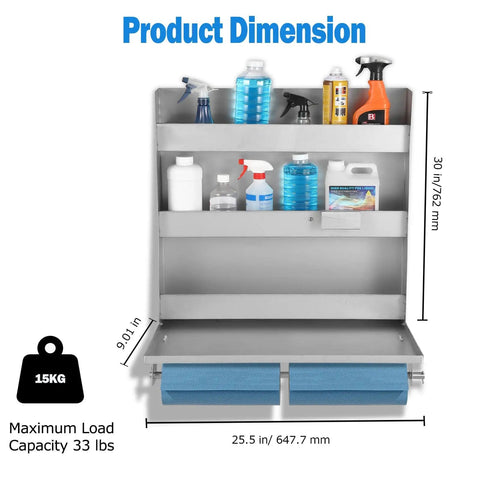 Heavy Duty 5052 Aluminum Work Station Cabinet With Flip Up Tray And Paper Towel Rack, dimensions shown, loaded with supplies