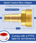 1/2 Inch Quick Connector Hose Adapter For 3/4 Inch Garden Hose RV Spray Port Outlet Brass With PTFE Tape Compatible With PF247007