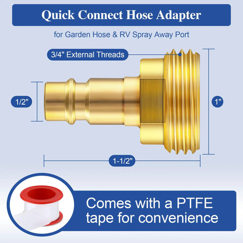1/2 Inch Quick Connector Hose Adapter For 3/4 Inch Garden Hose RV Spray Port Outlet Brass With PTFE Tape Compatible With PF247007