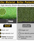 Comparison showing Extra Large 6x4ft Golf Mat dual-turf design with 15mm non-slip bottom against low-density single turf alternative.