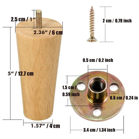 5 Inch Solid Wood Furniture Legs Set Of 4 Durable Mid Century Style Replacement Legs dimensions and components