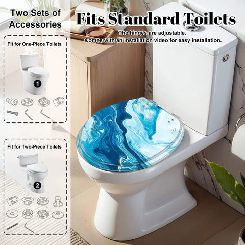 Round Toilet Seat Replacement, Slow-Close, Bathroom with adjustable hinges and blue marble design on standard toilet.