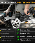 Comparison of 3 Inch Cordless Cut Off Tool And Brushless Mini Circular Saw With Two 4ah Batteries showing stable cutting and control.
