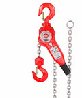 Red manual chain hoist with hooks and chains, showcasing beefed up heavy duty manual chain hoist three quarter ton 1650 lbs with 10 ft lever block.