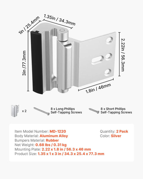 Kick Resistant Door Reinforcement Lock, 2 Pack Heavy Duty Security Strike Plate Withstands 800 Lbs, Fits Inward Opening Entries, showing aluminum alloy build with rubber bumpers.