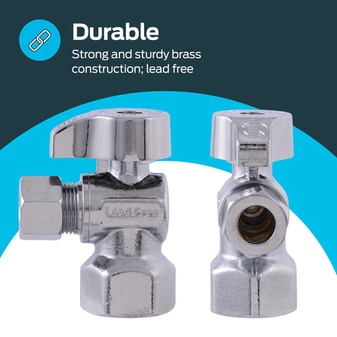 One Half Inch FIP To Three Eighth Inch OD Compression Quarter Turn Angle Stop Valve In Chrome Brass Plumbing Fitting