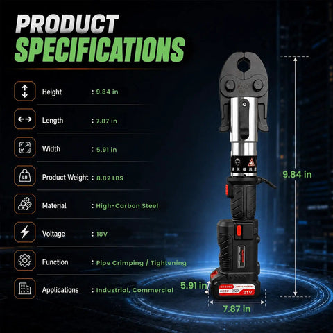 Heavy Duty 18V Cordless Electric Pipe Crimping Tool With Pro Press Machine Function For Copper Pipes specifications with dimensions and material.