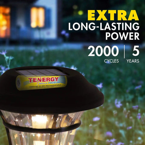 Premium Rechargeable NiMH AA Battery 1300mAh For Solar Garden Lights on outdoor fixture at night, 2000 cycle life.