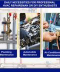 Daily necessities for professional HVAC repairman or DIY enthusiasts showcasing plumbing, automobile, and air conditioning maintenance.