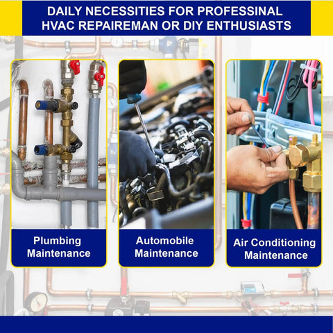 Daily necessities for professional HVAC repairman or DIY enthusiasts showcasing plumbing, automobile, and air conditioning maintenance.