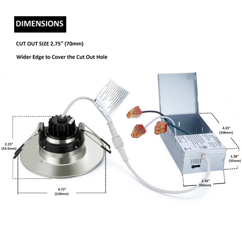 Canless Recessed Gimbal Downlight With 360 Degree Rotatable Eyeball And 40 Degree Beam Plus 30 Degree Tilt Five CCT In One Dimmable 8W Four Inch Brushed Nickel Ceiling Pot Light With Junction Box showing dimensions and wiring