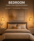 Cozy bedroom featuring Plug In Dimmable Pendant Light Featuring Amber Drum Glass And Gold Fabric Inner Shade, Vintage Swag Hanging Lamp.