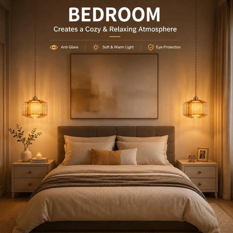 Cozy bedroom featuring Plug In Dimmable Pendant Light Featuring Amber Drum Glass And Gold Fabric Inner Shade, Vintage Swag Hanging Lamp.