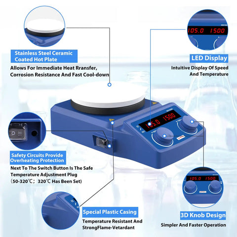 5 Inch Magnetic Stirrer Hot Plate With 0.5 C Temperature Accuracy, 600 W Heating Up To 536 F, 110 V, Max 5 L Stirring Capacity, Includes Temperature Probe Sensor And Stir Bar, Built For Real Lab Workhorse Performance