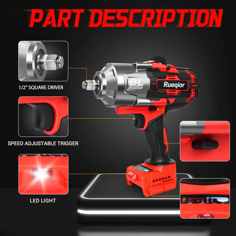 Rueqior 1/2 Inch Cordless Impact Wrench With 1450 Ft Lbs Torque Brushless Motor High Power Electric Tool Compatible Milwaukee 18V Batteries For Cars And Trucks Bare Tool No Battery Included Best Quality