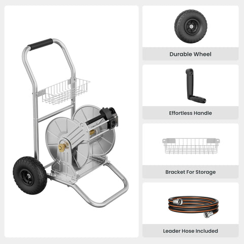 Garden Hose Reel Cart With Wheels Stainless Steel Heavy Duty Hose Storage Carrier For Outdoor Use 200 Feet Of One Half Inch Capacity Mobile Water Hose Reel Cart featuring durable wheels, effortless handle, bracket for storage, and leader hose included.