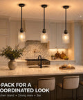 HXXLFONEDP 3 Pack Kitchen Island Pendant Lights, Ribbed Glass, Black hanging over a kitchen island with a marble countertop.
