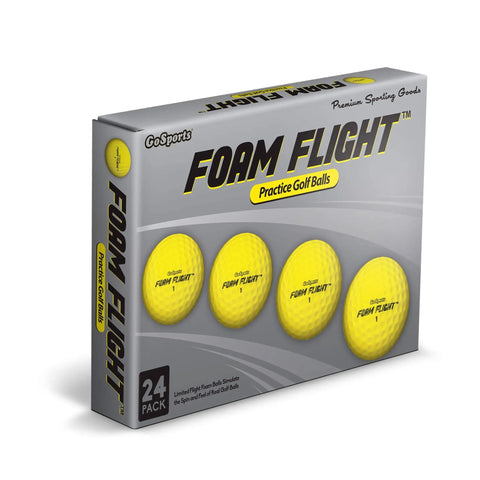 Foam Flight Practice Golf Balls 24 Pack Yellow For Safe Backyard Practice box showing four yellow foam golf balls on the cover