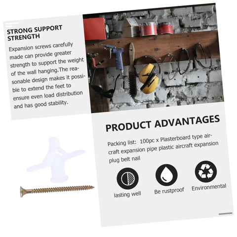Aircraft Expansion Plug Nails Drywall Repair Kit 100 Pack Wall Fixer For Drywall And Concrete Anchors Easy Install Portable Home Improvement Set Built For Studs Framing Plasterboard DIY Ready packaging and components displayed