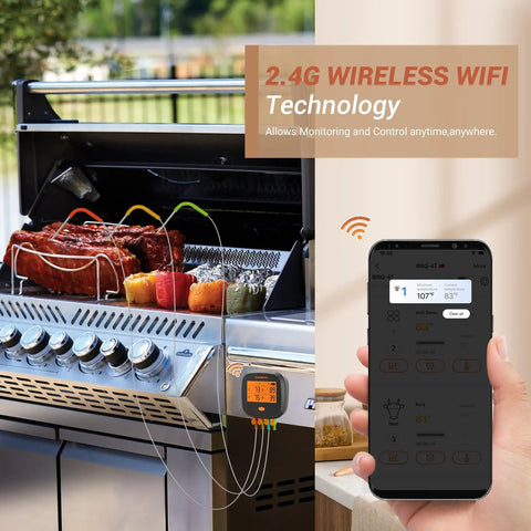 WiFi Meat Thermometer For Smoker And Oven With Four Probes, Digital Grill Thermometer, phone app displaying temperature