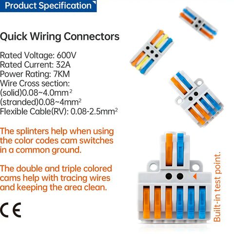 65 Piece Compact Splicing Wire Connectors Kit For AWG 28 To 12 shown with product specifications and color-coded connectors.