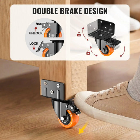 Rock Solid 2 Inch Side Mount Caster Wheels Set Of Four With Reinforced L Bracket showing double brake design for secure locking.