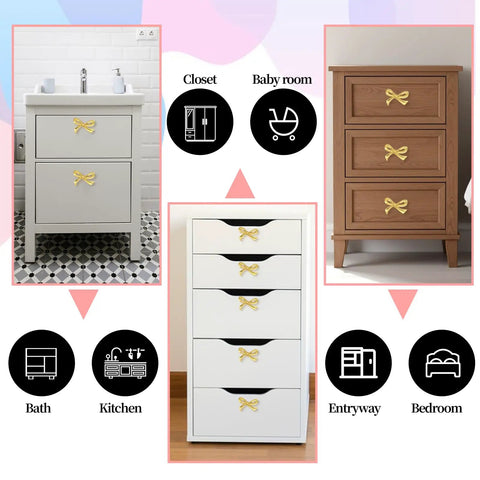 Six Pcs Gold Bow Knobs Set With Screws, Vintage Brass Drawer Handles on cabinets and dressers in bathroom, bedroom, various settings.