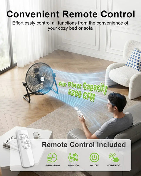 Man using remote for 20 Inch Industrial Floor Fan With Remote Control, High Velocity Heavy Duty Cooling, 5200 CFM