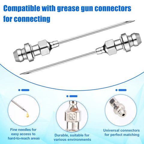 Grease Gun Accessory Kit with two needle nozzles, stainless steel design for auto shop maintenance, automotive industrial use.