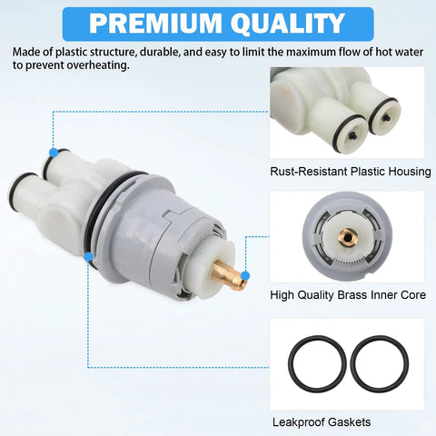 RP46074 Delta shower valve cartridge with rust-resistant plastic housing, brass inner core, and O-ring gaskets.
