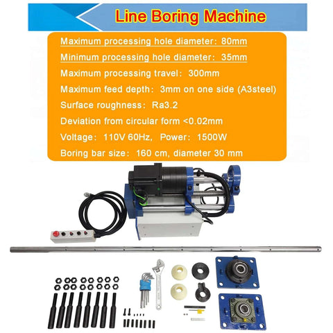 JARYANNIX portable line boring machine, 110V, blue and black with 160 cm bar and mounting accessories.