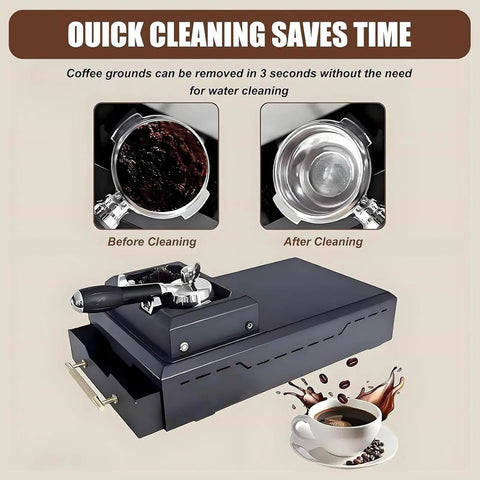 Heavy Duty Electric Coffee Portafilter Cleaner Knock Box Combo showing before and after cleaning with stainless steel and black design.