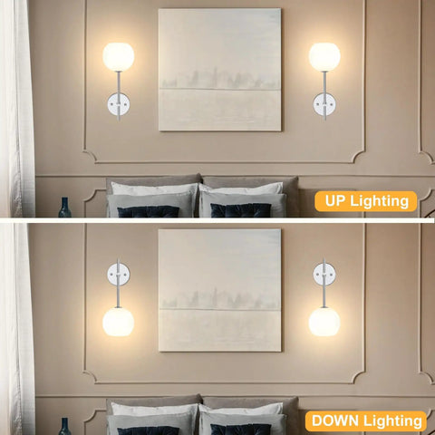Chrome Battery Operated Wall Sconces Set of 2, Rechargeable Wireless Wall Lights with Milky White Frosted Glass in UP and DOWN lighting.