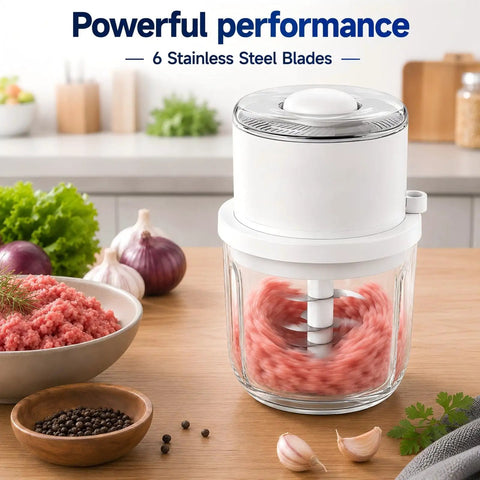 Mini Electric Garlic chopper with 350ml Thick Glass Bowl and Upgraded 6 Stainless Steel Blades in action chopping ingredients.