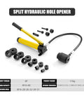 8-ton hydraulic hole opener with interchangeable dies and handle, designed for stainless steel and soft iron, shown disassembled.