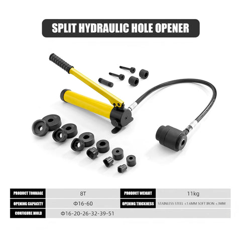 8-ton hydraulic hole opener with interchangeable dies and handle, designed for stainless steel and soft iron, shown disassembled.