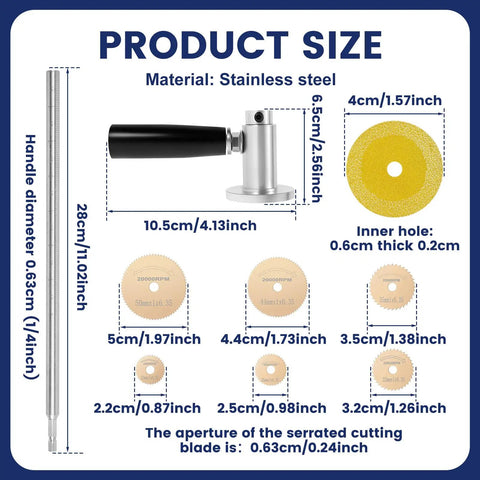 Knockdown Inside Pipe Cutter Kit For Cordless Drills Ships Ready with stainless steel handle and multiple diamond blades shown in size chart.