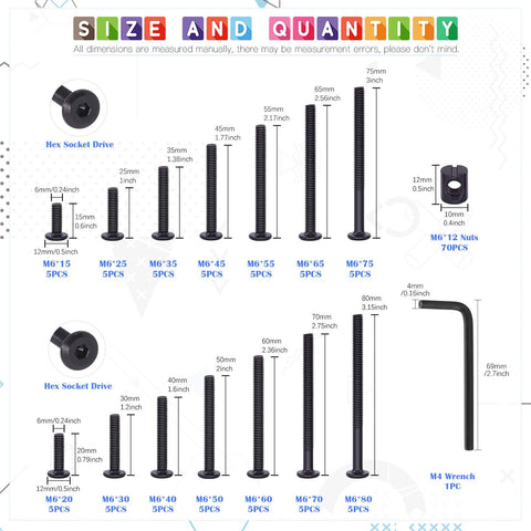 All In One Baby Crib Hardware Kit With M6 Hex Socket Cap Bolts And Nuts 141 Pcs In 15 To 80mm Sizes Allen Wrench Included