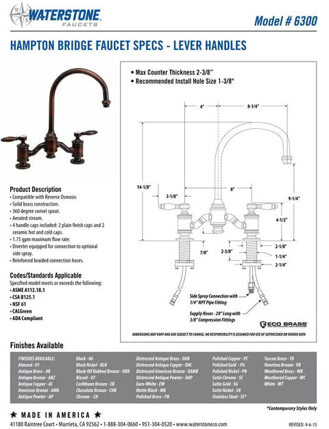 Hampton Bridge Sink Faucet Featuring A Slick Matte Antique Copper Finish With Smooth As Butter Lever Handles specs sheet with dimensions.