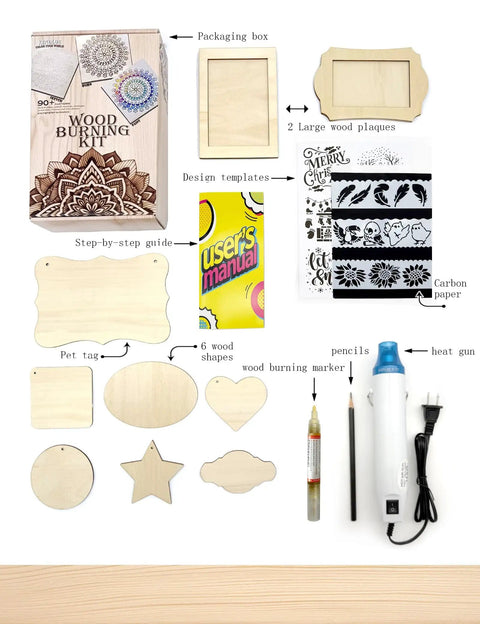 Beginner Friendly Wood Burning Kit With Markers Heat Gun Wood Slices Stencils Transfer Paper Pencil And Plaques Dope Gift For Artists Crafters Diy Lovers And Teens, including markers, heat gun, wooden cutouts, and stencils.