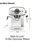 Kickstart Your Morning Grind With This Retro White Espresso Machine Highlighting A Patent Slide And Lock Portafilter 15 Bar Pressure And A Hit Different Milk Frother For Silky Lattes And Bold Cappuccinos Pure Barista Vibes Guaranteed. Front view of a Hamilton Beach Slide & Lock 15 Bar Espresso Maker with dimensions.