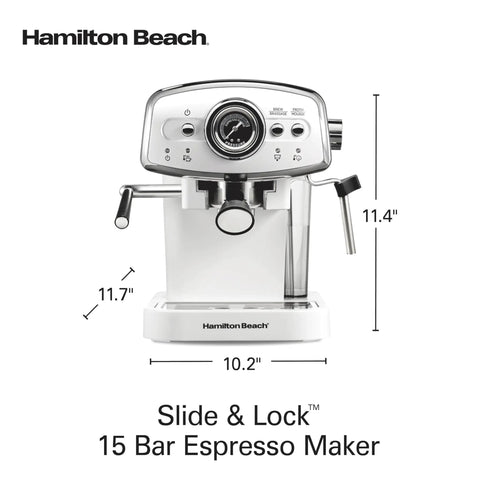 Kickstart Your Morning Grind With This Retro White Espresso Machine Highlighting A Patent Slide And Lock Portafilter 15 Bar Pressure And A Hit Different Milk Frother For Silky Lattes And Bold Cappuccinos Pure Barista Vibes Guaranteed. Front view of a Hamilton Beach Slide & Lock 15 Bar Espresso Maker with dimensions.
