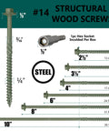 40 Pack Self Drilling Timber Screws Heavy Duty Structural Wood Fasteners For Decks And Barns Green Corrosion Resistant Finish With Hex Socket, sizes from 2.5" to 10".