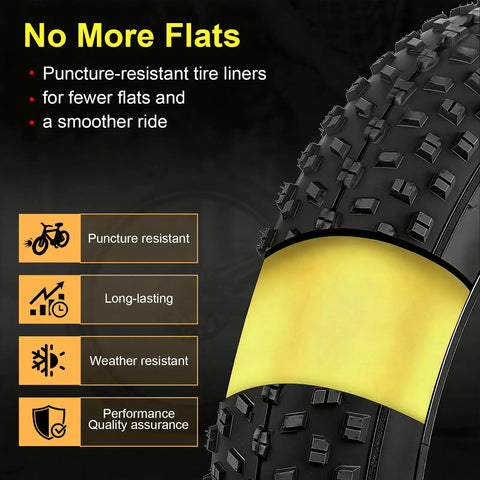 Close-up of a mountain bike tire with Self Adhesive Bike Tire Liner 40mm Anti Puncture Protector for 26, 27.5, 29 inch MTBs and E Bikes.