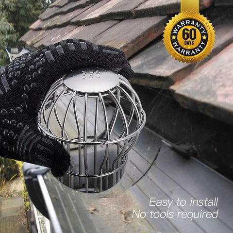Gloved hand installing Pro Grade Round Downspout Gutter Strainer For One Point Seven To Two Point Four Inch Downspouts 304 Stainless Steel