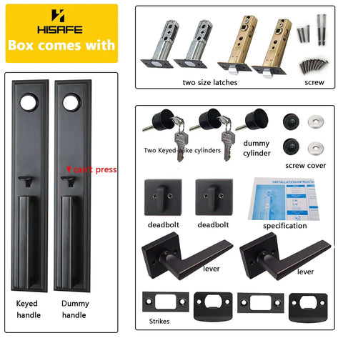 Reversible Double Door Handle Set With Deadbolt And Lever, 16.5 Inch Oil Rubbed Bronze Security Entrance Lock, components and accessories