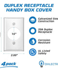 Duplex receptacle handy box cover 1.6 inch opening, galvanized steel, 4-pack, corrosion resistant with UL listed safety features.