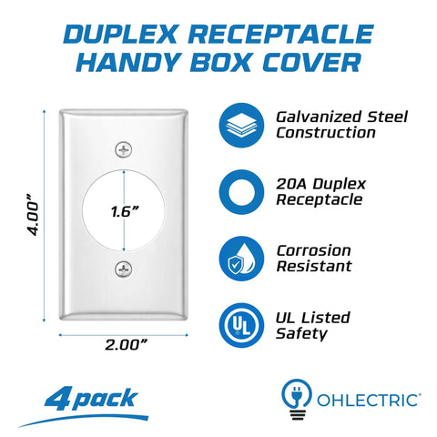Duplex receptacle handy box cover 1.6 inch opening, galvanized steel, 4-pack, corrosion resistant with UL listed safety features.