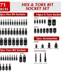 Beefy 71 Piece Torx And Hex Socket Set For Home And Pro Use, detailed view including SAE and metric bits and adapters